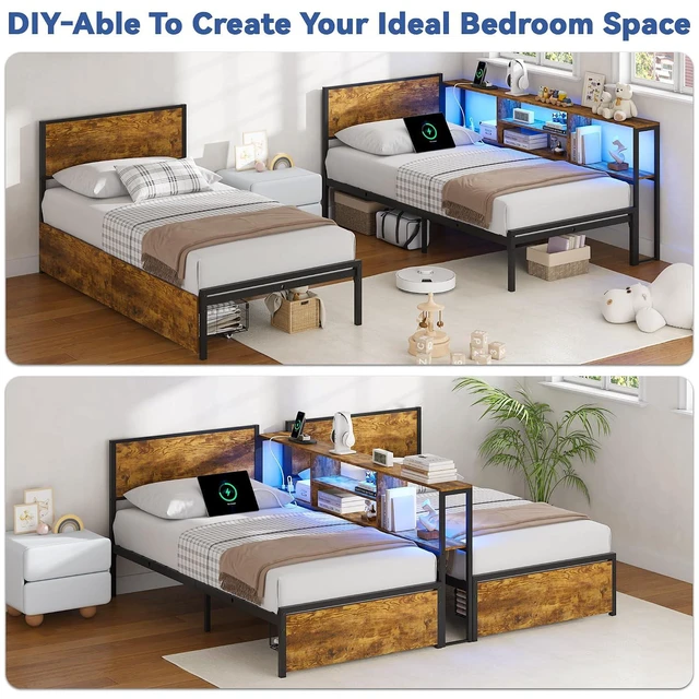 Alt view image 3 of 7 - Convertible Metal Bed with Storage Drawers and Bookcase Shelves for Guest Room,Modular Bed Frame with RGB Led Light and Charging Station for Apartment, Twin Size, Brown