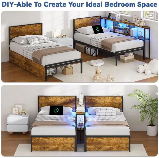 Alt view image 4 of 7 - Convertible Metal Bed with Storage Drawers and Bookcase Shelves for Guest Room,Modular Bed Frame with RGB Led Light and Charging Station for Apartment, Twin Size, Brown