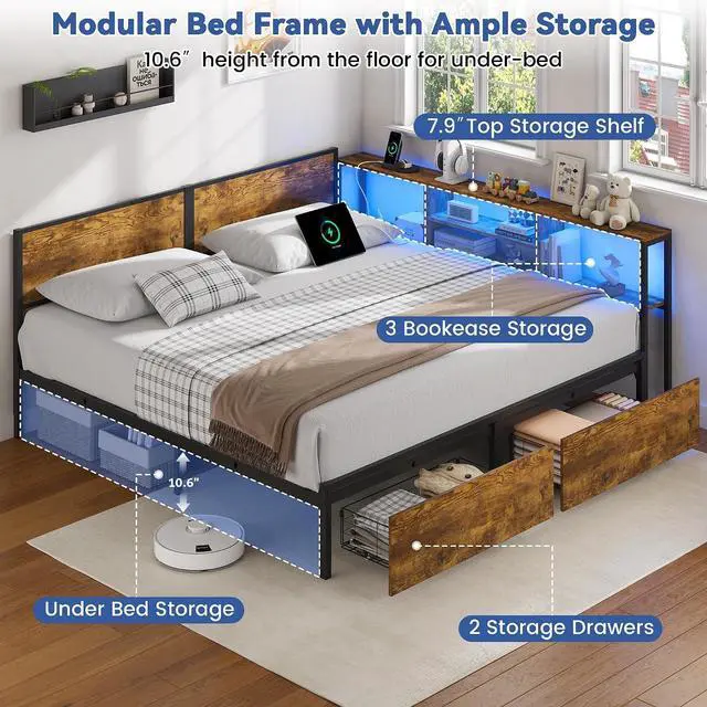 Alt view image 6 of 7 - Convertible Metal Bed with Storage Drawers and Bookcase Shelves for Guest Room,Modular Bed Frame with RGB Led Light and Charging Station for Apartment, Twin Size, Brown