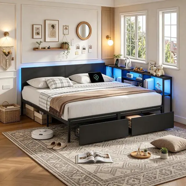 Main image of Convertible Metal Bed with Storage Drawers and Bookcase Shelves for Guest Room,Modular Daybed Frame with RGB Led Light and Charging Station for Apartment, Twin Size, Black