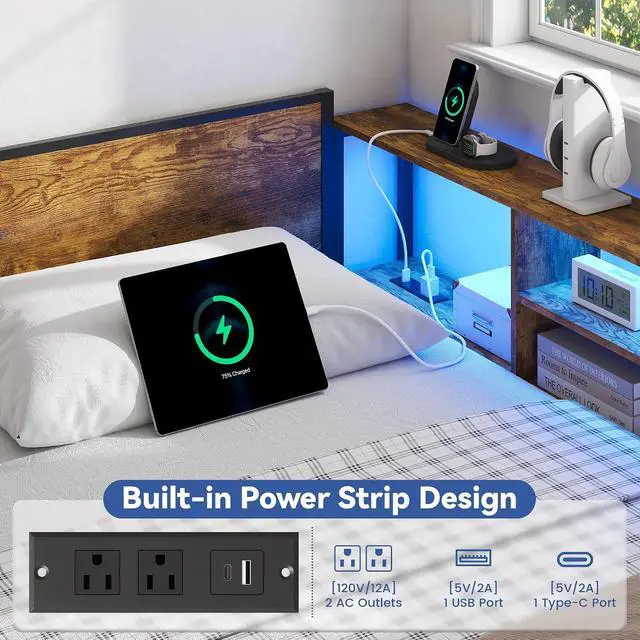 Alt view image 5 of 7 - Convertible Metal Bed with Storage Drawers and Bookcase Shelves for Guest Room,Modular Bed Frame with RGB Led Light and Charging Station for Apartment, Twin Size, Brown