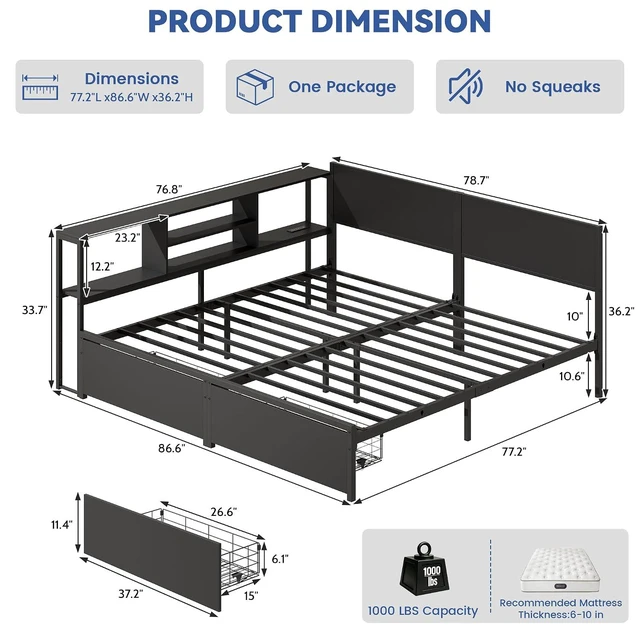 Alt view image 2 of 7 - Convertible Metal Bed with Storage Drawers and Bookcase Shelves for Guest Room,Modular Daybed Frame with RGB Led Light and Charging Station for Apartment, Twin Size, Black
