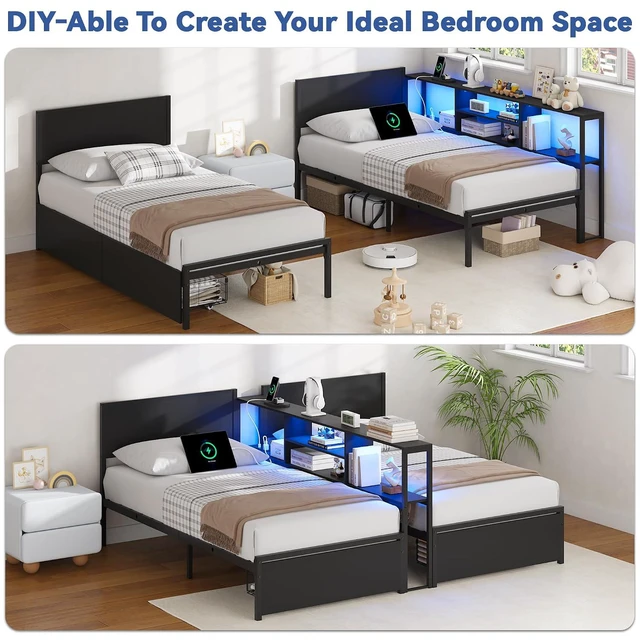 Alt view image 3 of 7 - Convertible Metal Bed with Storage Drawers and Bookcase Shelves for Guest Room,Modular Daybed Frame with RGB Led Light and Charging Station for Apartment, Twin Size, Black