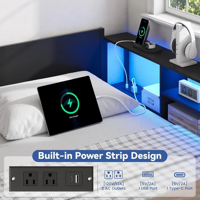 Alt view image 5 of 7 - Convertible Metal Bed with Storage Drawers and Bookcase Shelves for Guest Room,Modular Daybed Frame with RGB Led Light and Charging Station for Apartment, Twin Size, Black