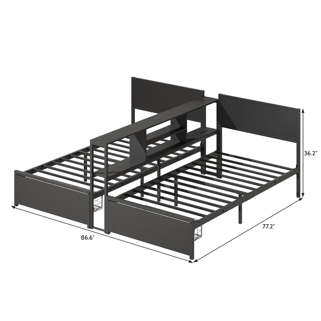 Alt view image 7 of 7 - Convertible Metal Bed with Storage Drawers and Bookcase Shelves for Guest Room,Modular Daybed Frame with RGB Led Light and Charging Station for Apartment, Twin Size, Black