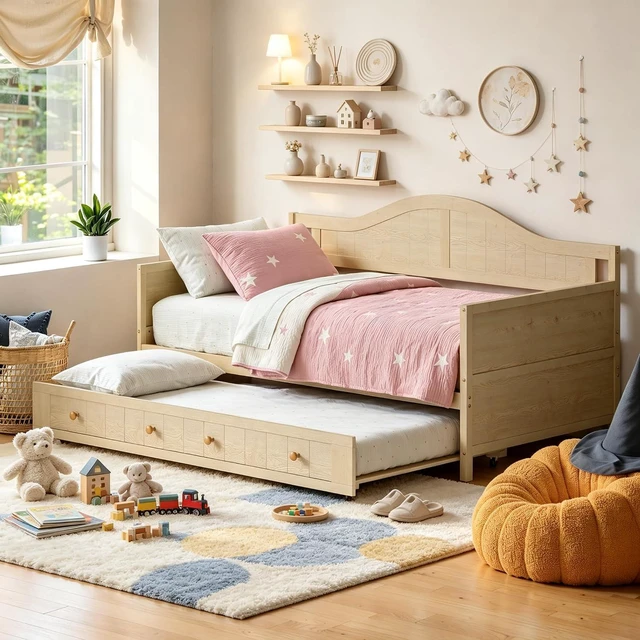 Main image of Wood Daybed with Trundle for Small Space, Farmhouse Daybed with Solid Wood Slats for Guest Room, Twin Size, Natural