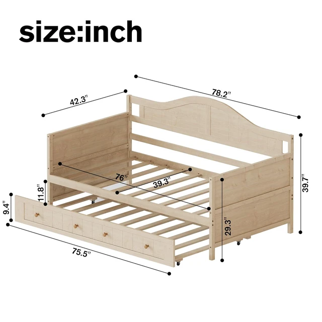 Alt view image 2 of 7 - Wood Daybed with Trundle for Small Space, Farmhouse Daybed with Solid Wood Slats for Guest Room, Twin Size, Natural