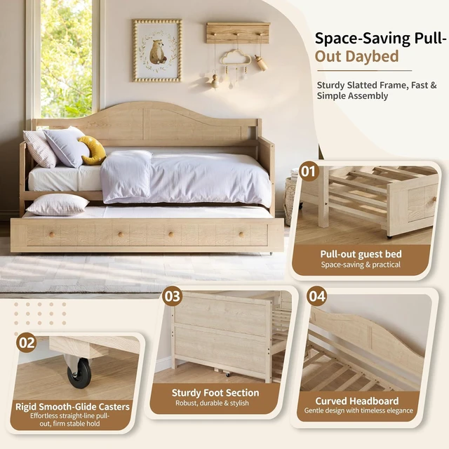 Alt view image 3 of 7 - Wood Daybed with Trundle for Small Space, Farmhouse Daybed with Solid Wood Slats for Guest Room, Twin Size, Natural