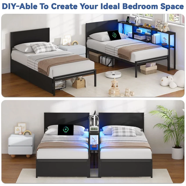 Alt view image 4 of 7 - Convertible Metal Bed with Storage Drawers and Bookcase Shelves for Guest Room,Modular Daybed Frame with RGB Led Light and Charging Station for Apartment, Twin Size, Black