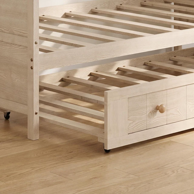 Alt view image 5 of 7 - Wood Daybed with Trundle for Small Space, Farmhouse Daybed with Solid Wood Slats for Guest Room, Twin Size, Natural