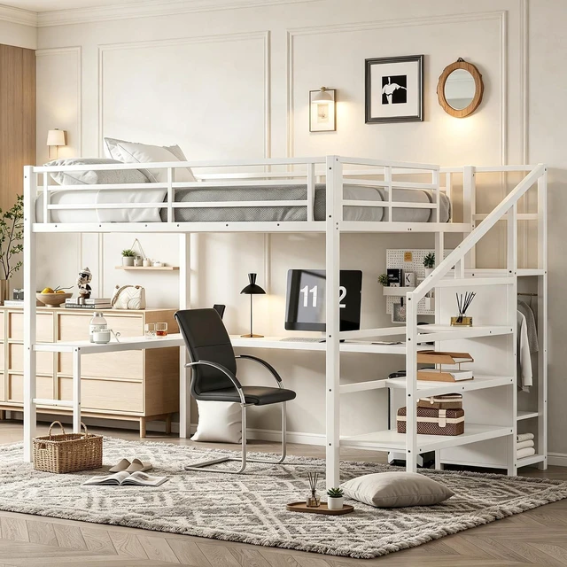 Main image of Metal Loft Bed with LShaped Desk and Storage Stairs for Gaming Room, Loft Bed with Led Light and USB Charging Station for Kids Teens, Queen Size, Off White
