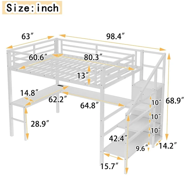 Alt view image 2 of 7 - Metal Loft Bed with LShaped Desk and Storage Stairs for Gaming Room, Loft Bed with Led Light and USB Charging Station for Kids Teens, Queen Size, Off White