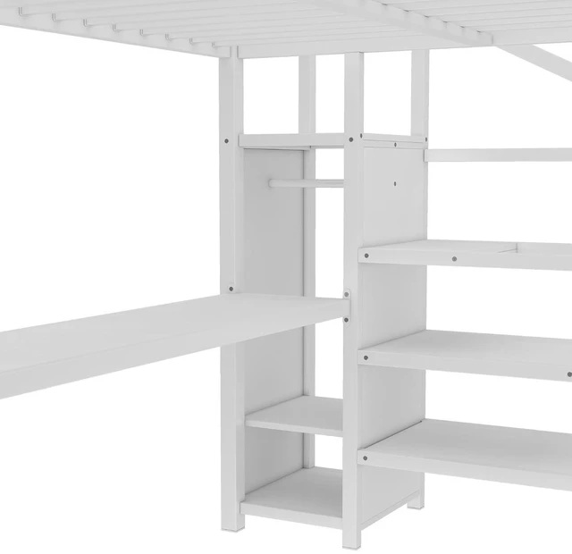 Alt view image 4 of 7 - Metal Loft Bed with LShaped Desk and Storage Stairs for Gaming Room, Loft Bed with Led Light and USB Charging Station for Kids Teens, Queen Size, Off White