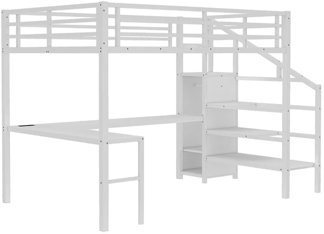 Alt view image 6 of 7 - Metal Loft Bed with LShaped Desk and Storage Stairs for Gaming Room, Loft Bed with Led Light and USB Charging Station for Kids Teens, Queen Size, Off White