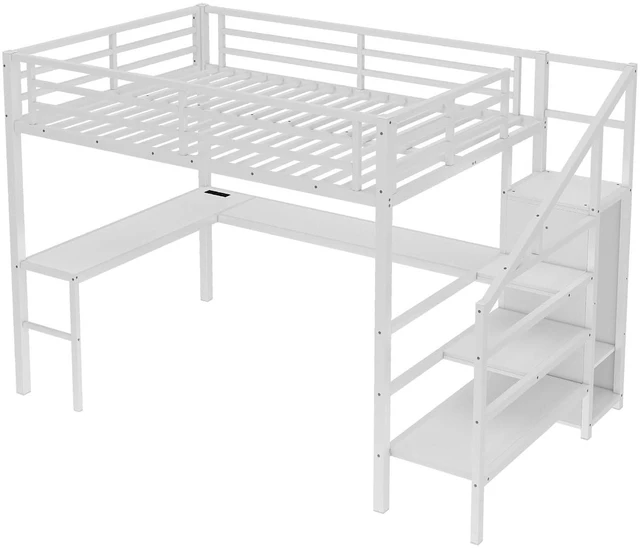Alt view image 7 of 7 - Metal Loft Bed with LShaped Desk and Storage Stairs for Gaming Room, Loft Bed with Led Light and USB Charging Station for Kids Teens, Queen Size, Off White