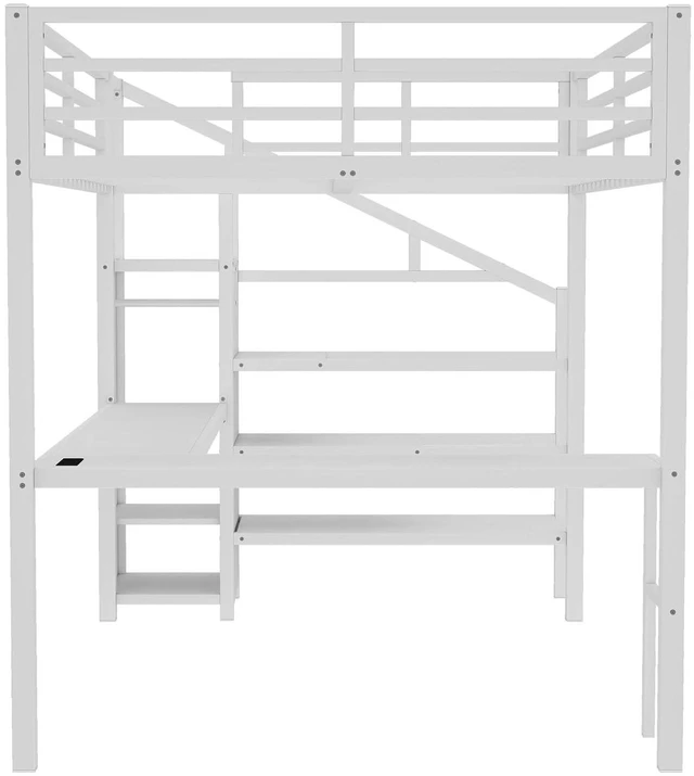 Alt view image 5 of 7 - Metal Loft Bed with LShaped Desk and Storage Stairs for Gaming Room, Loft Bed with Led Light and USB Charging Station for Kids Teens, Queen Size, Off White