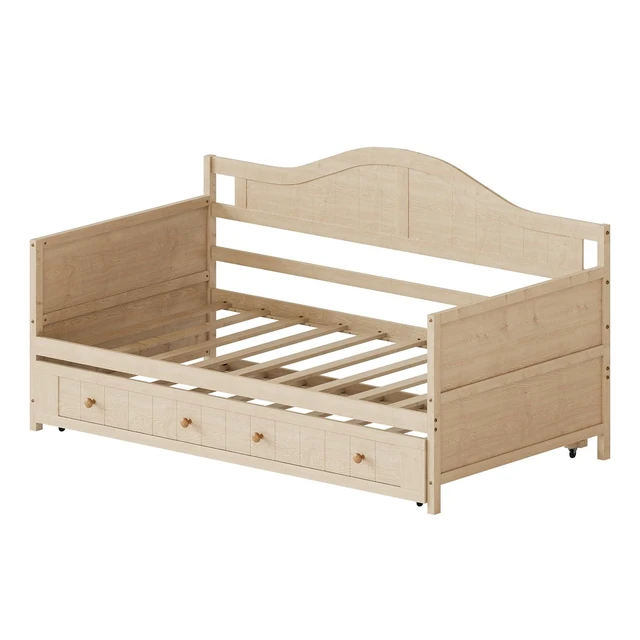 Alt view image 7 of 7 - Wood Daybed with Trundle for Small Space, Farmhouse Daybed with Solid Wood Slats for Guest Room, Twin Size, Natural