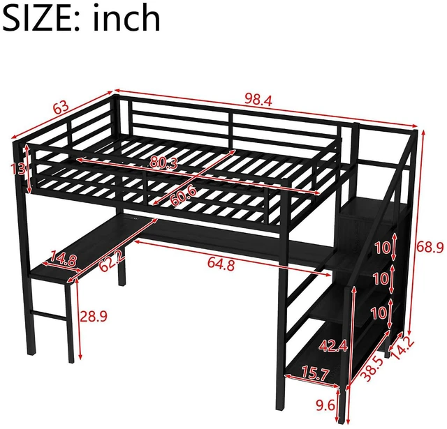 Alt view image 2 of 7 - Metal Loft Bed with LShaped Desk and Storage Stairs for Gaming Room, Loft Bed with Led Light and USB Charging Station for Kids Teens, Queen-1 Size, Black