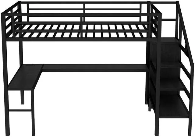 Alt view image 5 of 7 - Metal Loft Bed with LShaped Desk and Storage Stairs for Gaming Room, Loft Bed with Led Light and USB Charging Station for Kids Teens, Queen-1 Size, Black
