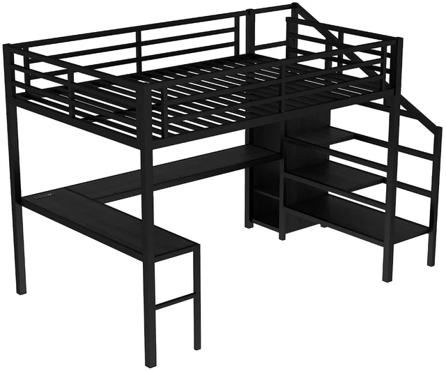 Alt view image 6 of 7 - Metal Loft Bed with LShaped Desk and Storage Stairs for Gaming Room, Loft Bed with Led Light and USB Charging Station for Kids Teens, Queen-1 Size, Black