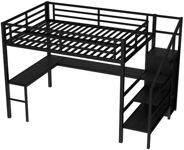 Alt view image 7 of 7 - Metal Loft Bed with LShaped Desk and Storage Stairs for Gaming Room, Loft Bed with Led Light and USB Charging Station for Kids Teens, Queen-1 Size, Black