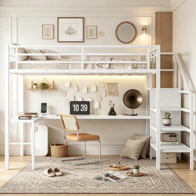 Main image of Metal Loft Bed with LShaped Desk and Storage Stairs for Gaming Room, Loft Bed with Led Light and USB Charging Station for Kids Teens, Full Size, Off White