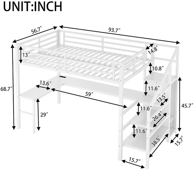 Alt view image 2 of 7 - Metal Loft Bed with LShaped Desk and Storage Stairs for Gaming Room, Loft Bed with Led Light and USB Charging Station for Kids Teens, Full Size, Off White