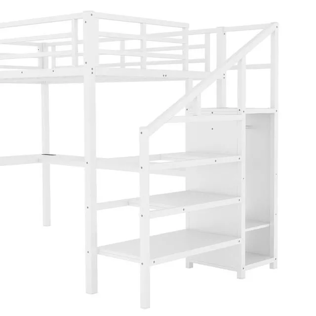 Alt view image 4 of 7 - Metal Loft Bed with LShaped Desk and Storage Stairs for Gaming Room, Loft Bed with Led Light and USB Charging Station for Kids Teens, Full Size, Off White