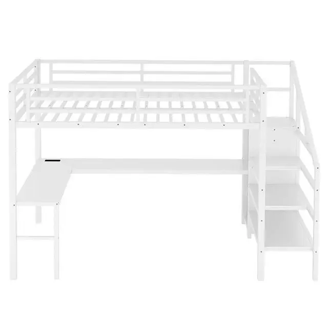 Alt view image 5 of 7 - Metal Loft Bed with LShaped Desk and Storage Stairs for Gaming Room, Loft Bed with Led Light and USB Charging Station for Kids Teens, Full Size, Off White