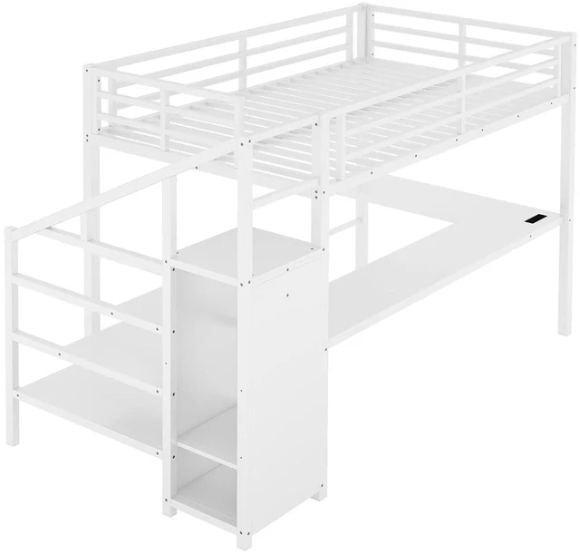 Alt view image 6 of 7 - Metal Loft Bed with LShaped Desk and Storage Stairs for Gaming Room, Loft Bed with Led Light and USB Charging Station for Kids Teens, Full Size, Off White
