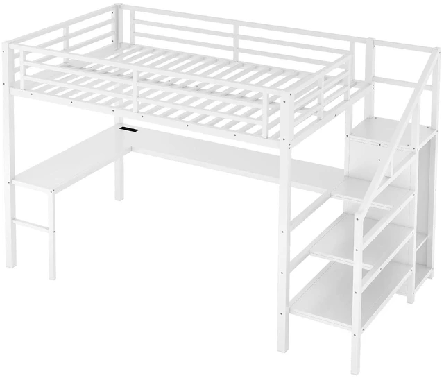 Alt view image 7 of 7 - Metal Loft Bed with LShaped Desk and Storage Stairs for Gaming Room, Loft Bed with Led Light and USB Charging Station for Kids Teens, Full Size, Off White