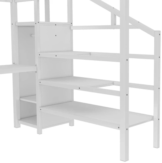 Alt view image 5 of 7 - Metal Loft Bed with LShaped Desk and Storage Stairs for Gaming Room, Loft Bed with Led Light and USB Charging Station for Kids Teens, Queen Size, Antique White