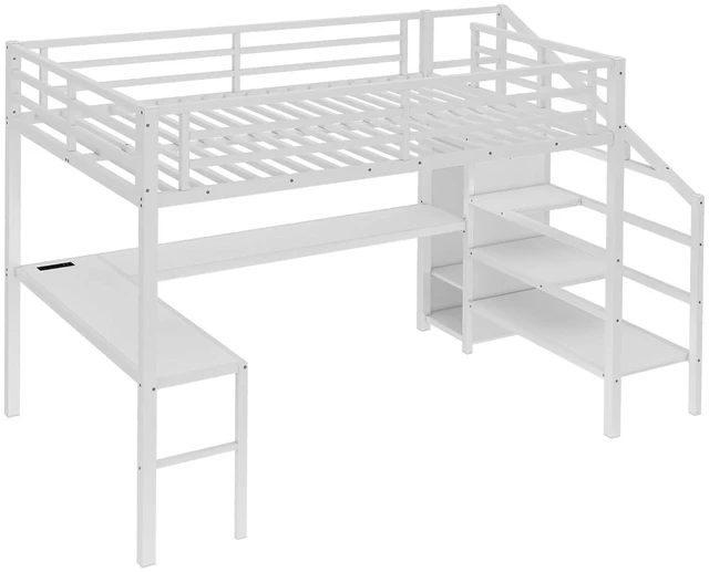 Alt view image 6 of 7 - Metal Loft Bed with LShaped Desk and Storage Stairs for Gaming Room, Loft Bed with Led Light and USB Charging Station for Kids Teens, Queen Size, Antique White