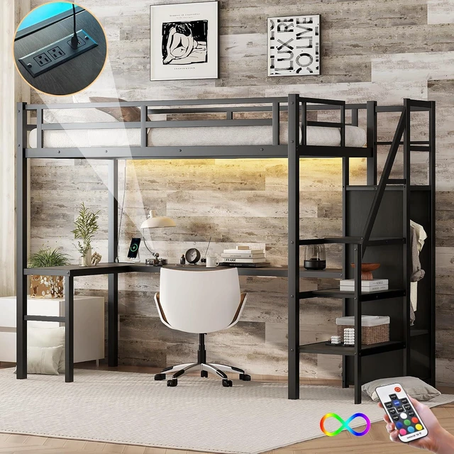 Alt view image 3 of 7 - Metal Loft Bed with LShaped Desk and Storage Stairs for Gaming Room, Loft Bed with Led Light and USB Charging Station for Kids Teens, Twin XL Size, Black