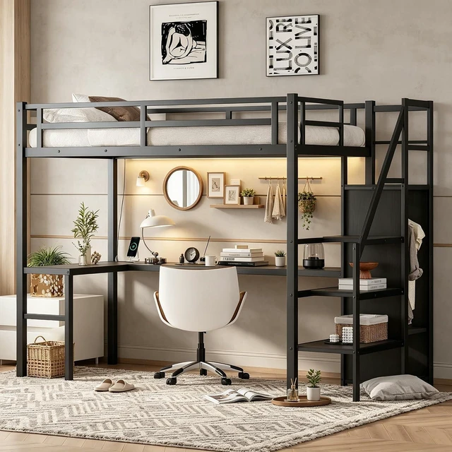 Main image of Metal Loft Bed with LShaped Desk and Storage Stairs for Gaming Room, Loft Bed with Led Light and USB Charging Station for Kids Teens, Twin XL Size, Black