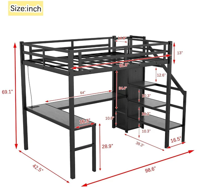 Alt view image 2 of 7 - Metal Loft Bed with LShaped Desk and Storage Stairs for Gaming Room, Loft Bed with Led Light and USB Charging Station for Kids Teens, Twin XL Size, Black