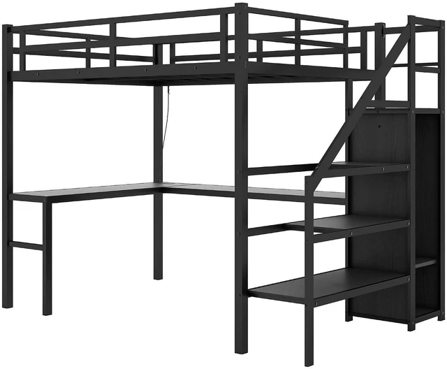 Alt view image 4 of 7 - Metal Loft Bed with LShaped Desk and Storage Stairs for Gaming Room, Loft Bed with Led Light and USB Charging Station for Kids Teens, Twin XL Size, Black