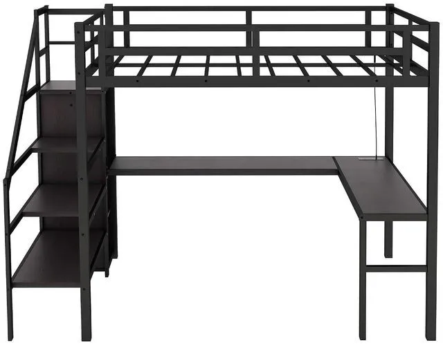Alt view image 5 of 7 - Metal Loft Bed with LShaped Desk and Storage Stairs for Gaming Room, Loft Bed with Led Light and USB Charging Station for Kids Teens, Twin XL Size, Black