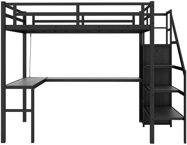 Alt view image 6 of 7 - Metal Loft Bed with LShaped Desk and Storage Stairs for Gaming Room, Loft Bed with Led Light and USB Charging Station for Kids Teens, Twin XL Size, Black