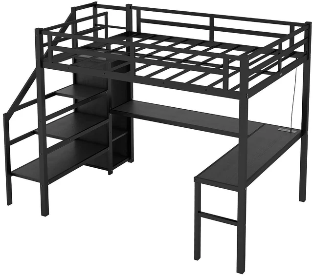 Alt view image 7 of 7 - Metal Loft Bed with LShaped Desk and Storage Stairs for Gaming Room, Loft Bed with Led Light and USB Charging Station for Kids Teens, Twin XL Size, Black