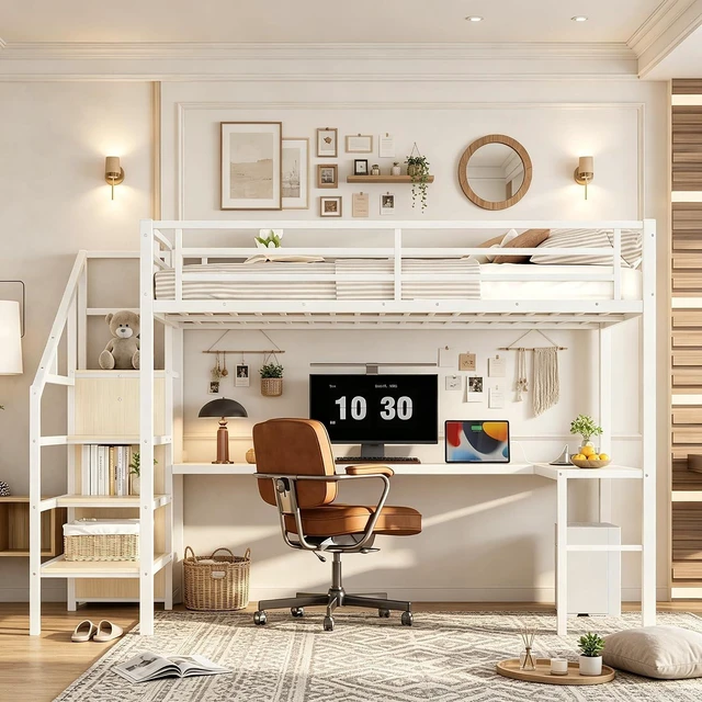 Main image of Metal Loft Bed with LShaped Desk and Storage Stairs for Gaming Room, Loft Bed with Led Light and USB Charging Station for Kids Teens, Queen Size, White Straight Grain
