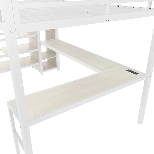 Alt view image 3 of 7 - Metal Loft Bed with LShaped Desk and Storage Stairs for Gaming Room, Loft Bed with Led Light and USB Charging Station for Kids Teens, Queen Size, White Straight Grain