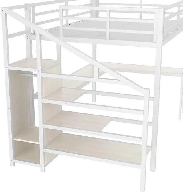 Alt view image 4 of 7 - Metal Loft Bed with LShaped Desk and Storage Stairs for Gaming Room, Loft Bed with Led Light and USB Charging Station for Kids Teens, Queen Size, White Straight Grain