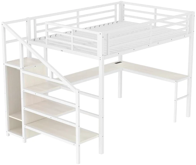 Alt view image 6 of 7 - Metal Loft Bed with LShaped Desk and Storage Stairs for Gaming Room, Loft Bed with Led Light and USB Charging Station for Kids Teens, Queen Size, White Straight Grain