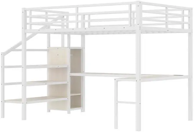 Alt view image 7 of 7 - Metal Loft Bed with LShaped Desk and Storage Stairs for Gaming Room, Loft Bed with Led Light and USB Charging Station for Kids Teens, Queen Size, White Straight Grain