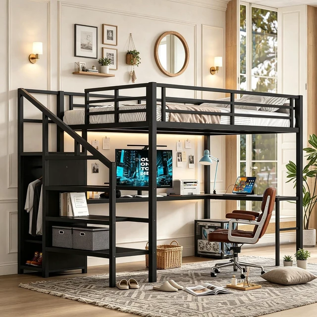 Main image of Metal Loft Bed with LShaped Desk and Storage Stairs for Gaming Room, Loft Bed with Led Light and USB Charging Station for Kids Teens, Full Size, Black