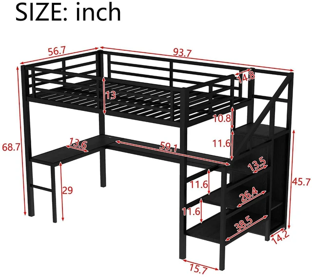 Alt view image 2 of 7 - Metal Loft Bed with LShaped Desk and Storage Stairs for Gaming Room, Loft Bed with Led Light and USB Charging Station for Kids Teens, Full Size, Black