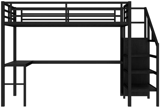 Alt view image 5 of 7 - Metal Loft Bed with LShaped Desk and Storage Stairs for Gaming Room, Loft Bed with Led Light and USB Charging Station for Kids Teens, Full Size, Black