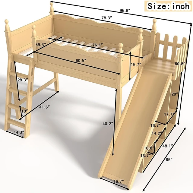 Alt view image 2 of 7 - Kids Loft Bed with Slide and Storage Shelves, Pine Wood Loft Bed with Wardrobe for Boys Girls, Twin Size, Natural