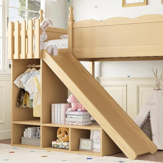 Alt view image 3 of 7 - Kids Loft Bed with Slide and Storage Shelves, Pine Wood Loft Bed with Wardrobe for Boys Girls, Twin Size, Natural